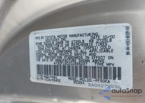 2001 Toyota Sienna Le from USA, damaged, VIN 4T3ZF13C21U345237